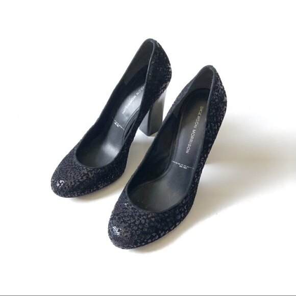 sigerson Morrison Black Pumps Shoes Genuine Suede & Sequins Block High Heels 9 - Picture 4 of 12